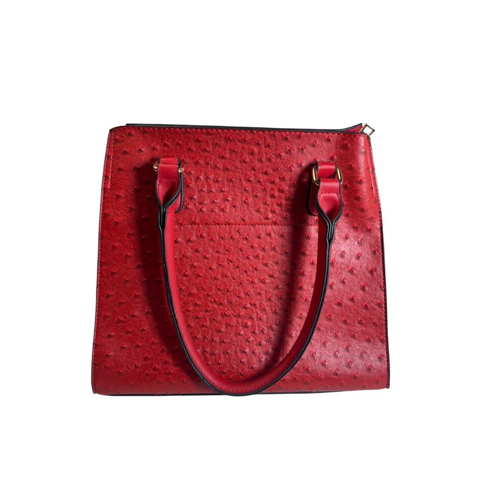 Red Faux Ostrich Leather Structured‎ Handbag Gold Hardware Double Handles Medium